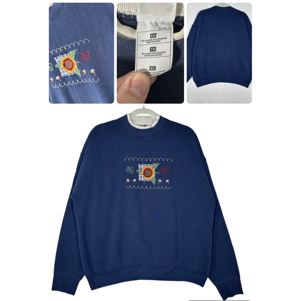 Vtg 90s FRUIT OF THE LOOM BEST Sunflower‎ Sweatshirt XL Embroidered Cottagecore